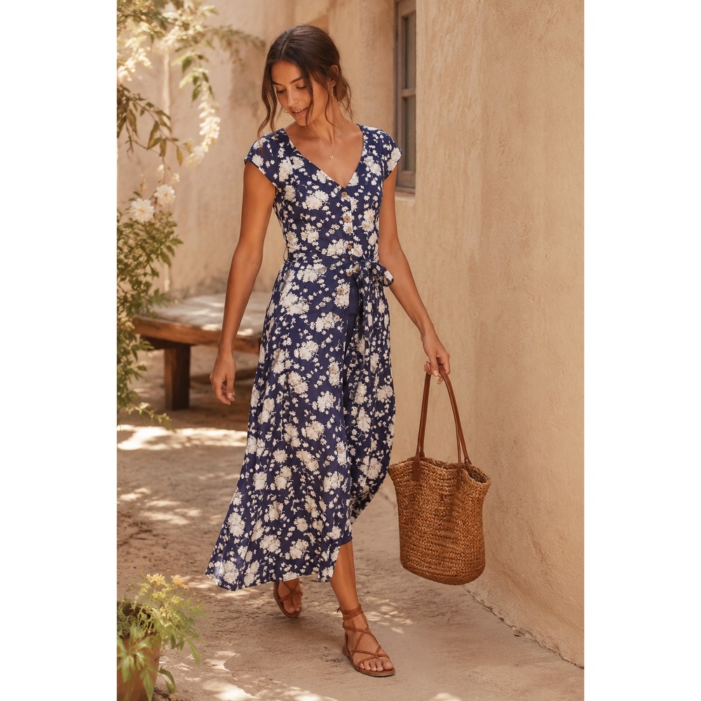 Maeve Anthropologie TATE Navy Floral Midi Dress Lattice Back Button Women 2